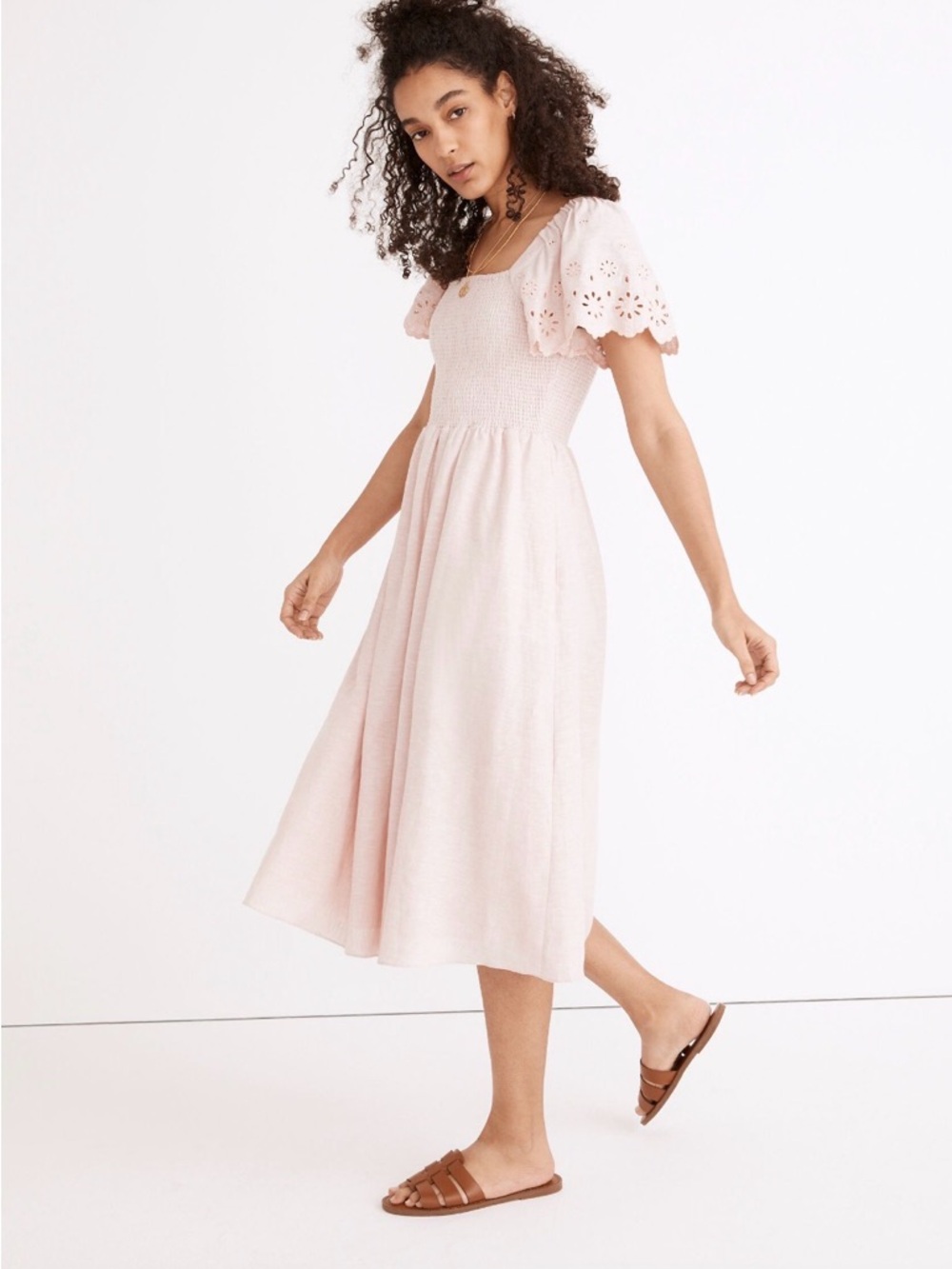 Madewell Blush Pink Smocked Midi Dress with Eyelet Flutter Sleeves